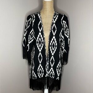 Rumors Black and Ivory Tribal Print Fringe Boho Kimono Swimsuit Cover OS
